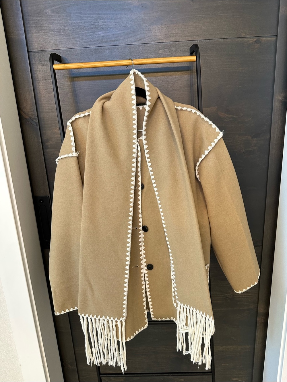Classic Camel Fringe Trim Jacket with White Trim